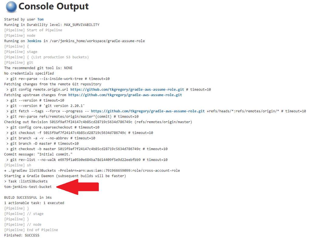 Jenkins Gradle AWS assume role console output