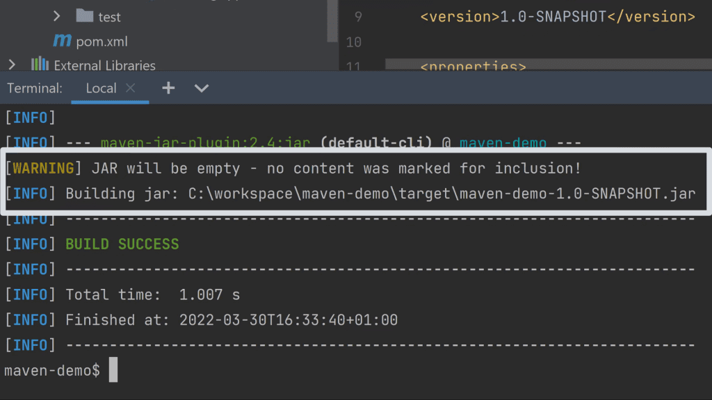 Warning when running jar goal without any compiled code