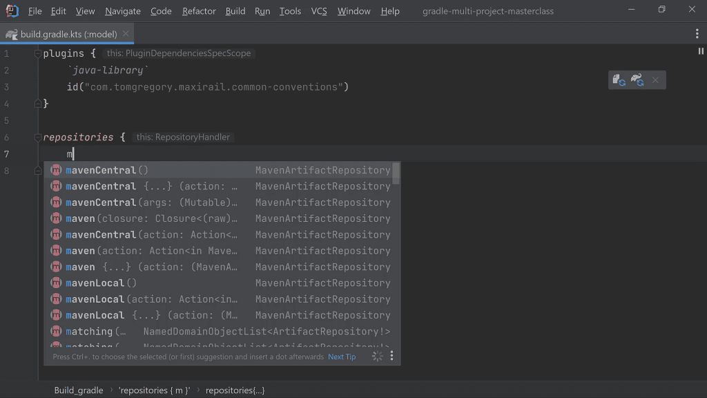 Kotlin build script autocomplete suggestions