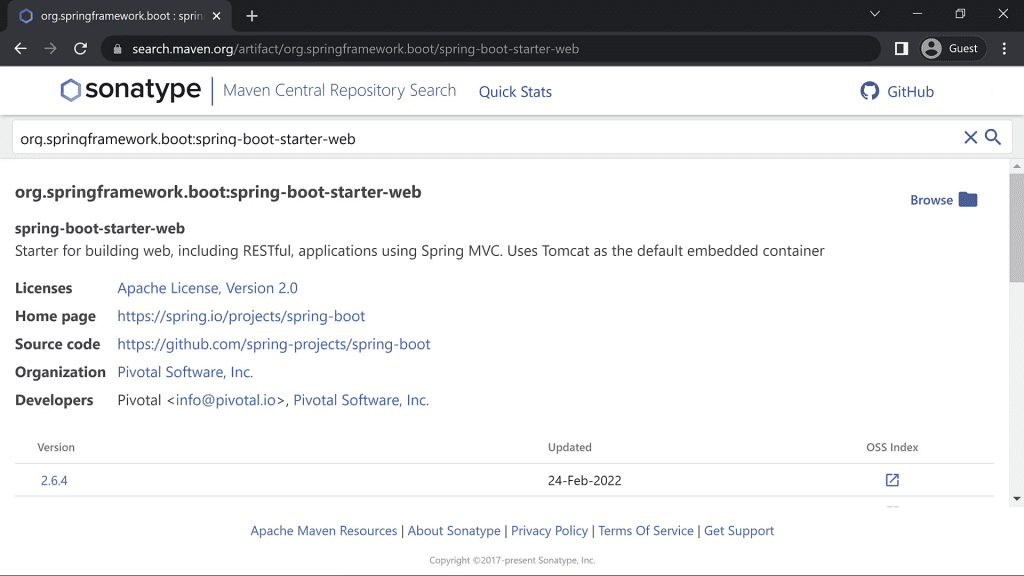 Searching spring-boot-starter-web at https://search.maven.org